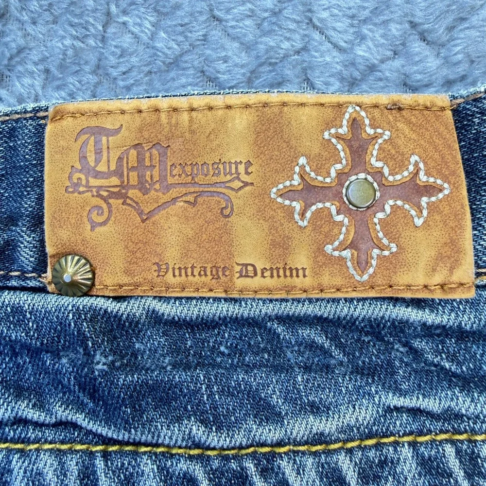 TM Exposure Jeans Mens 38x29 Blue Denim Y2K Fleur De Lis‎ Streetwear Rivets